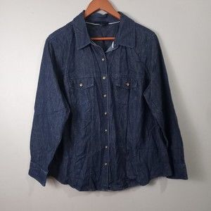 Talbots Woman Plus 18W Dark Denim Button Up Top Cotton Classic Pockets